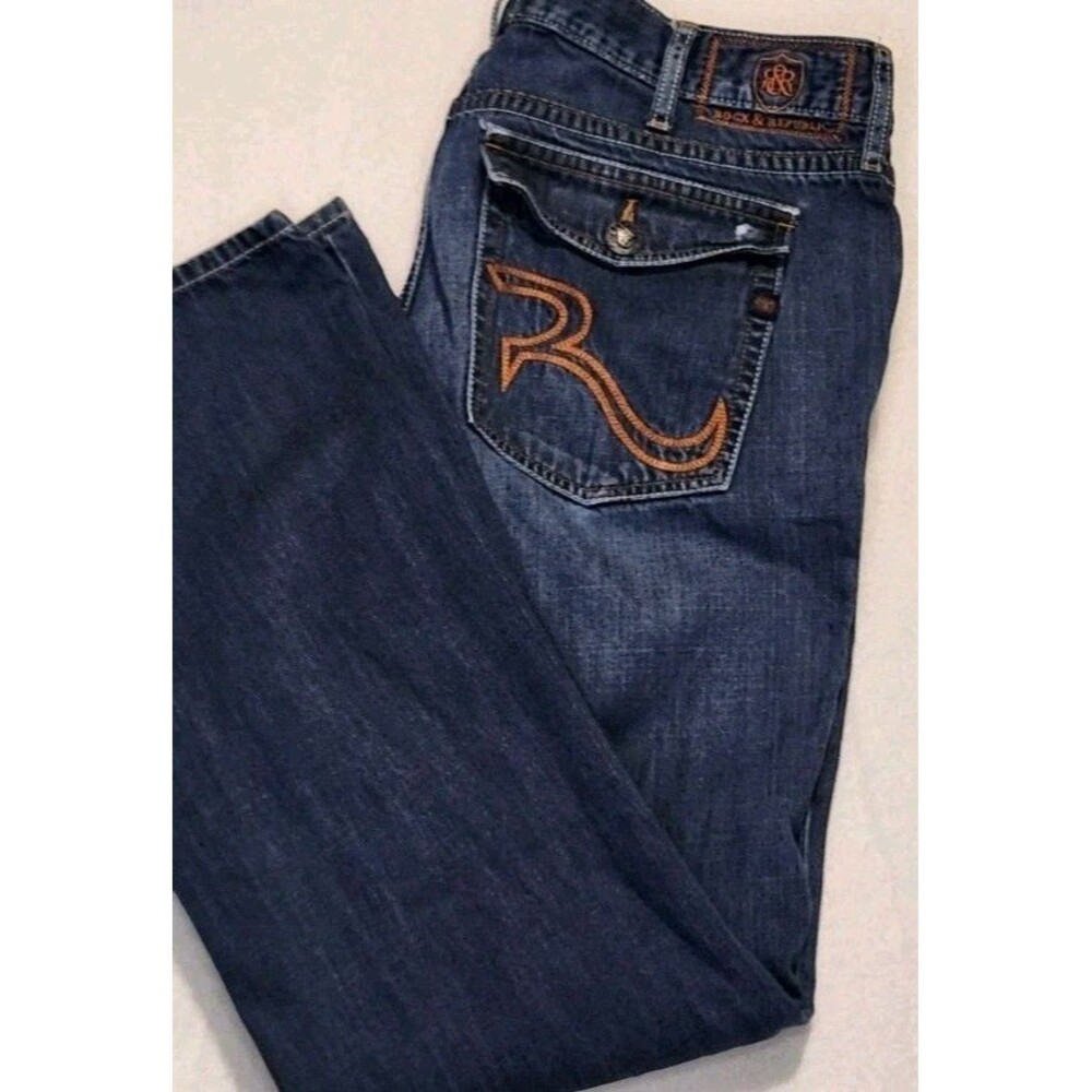 Rock & Republic Jeans Henlee Boot Blue Denim Mens 38x32 Flap Pockets Distressed